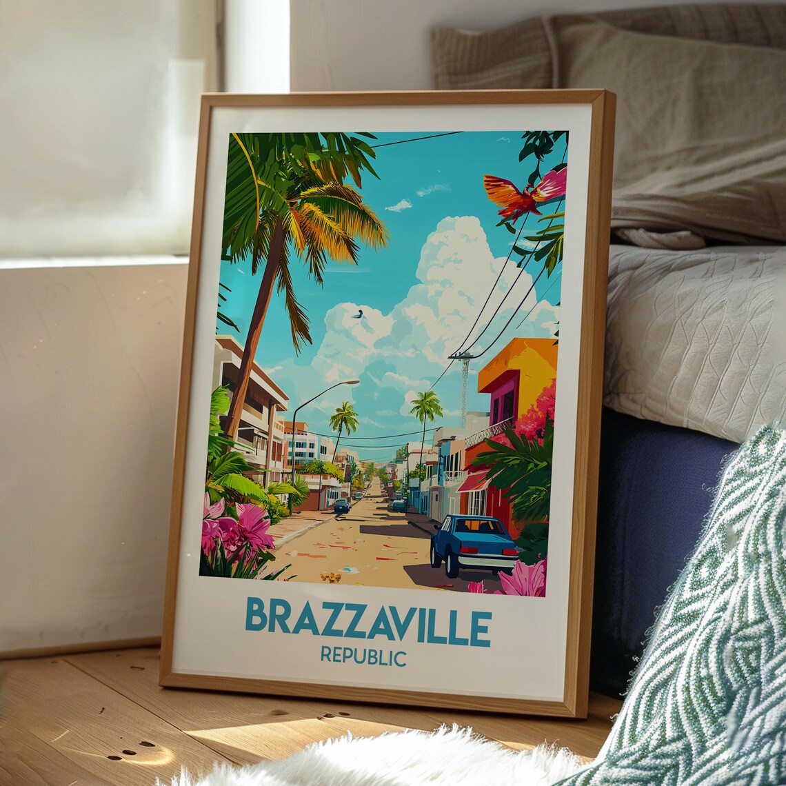 Brazzaville Congo Tropical Palm Street Parrot City Travel Poster - Image 3