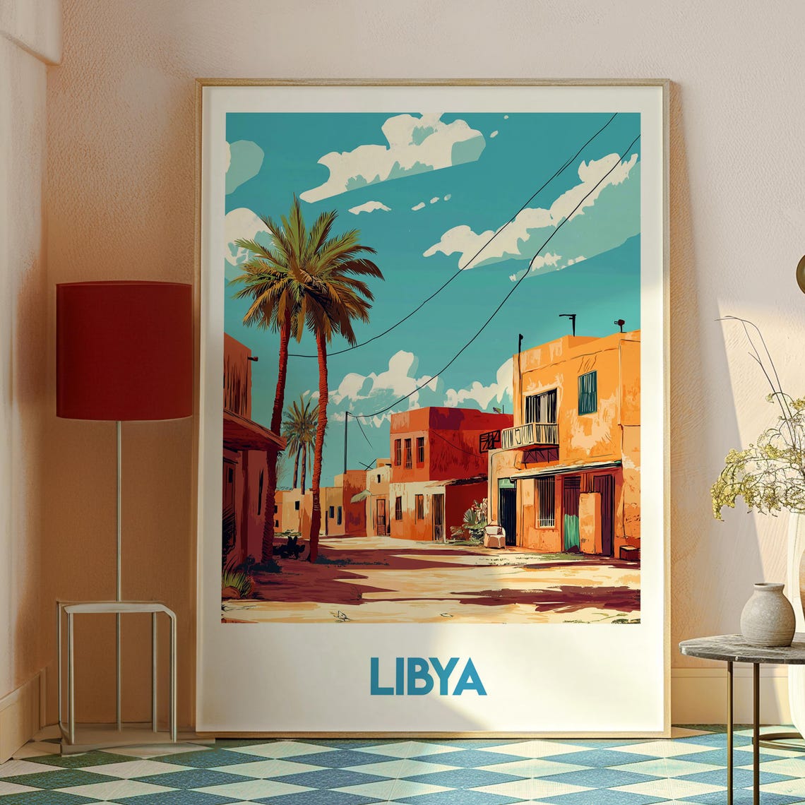 Libya Desert Town Palm Trees Sunlit Street Scene Travel Poster - Image 2