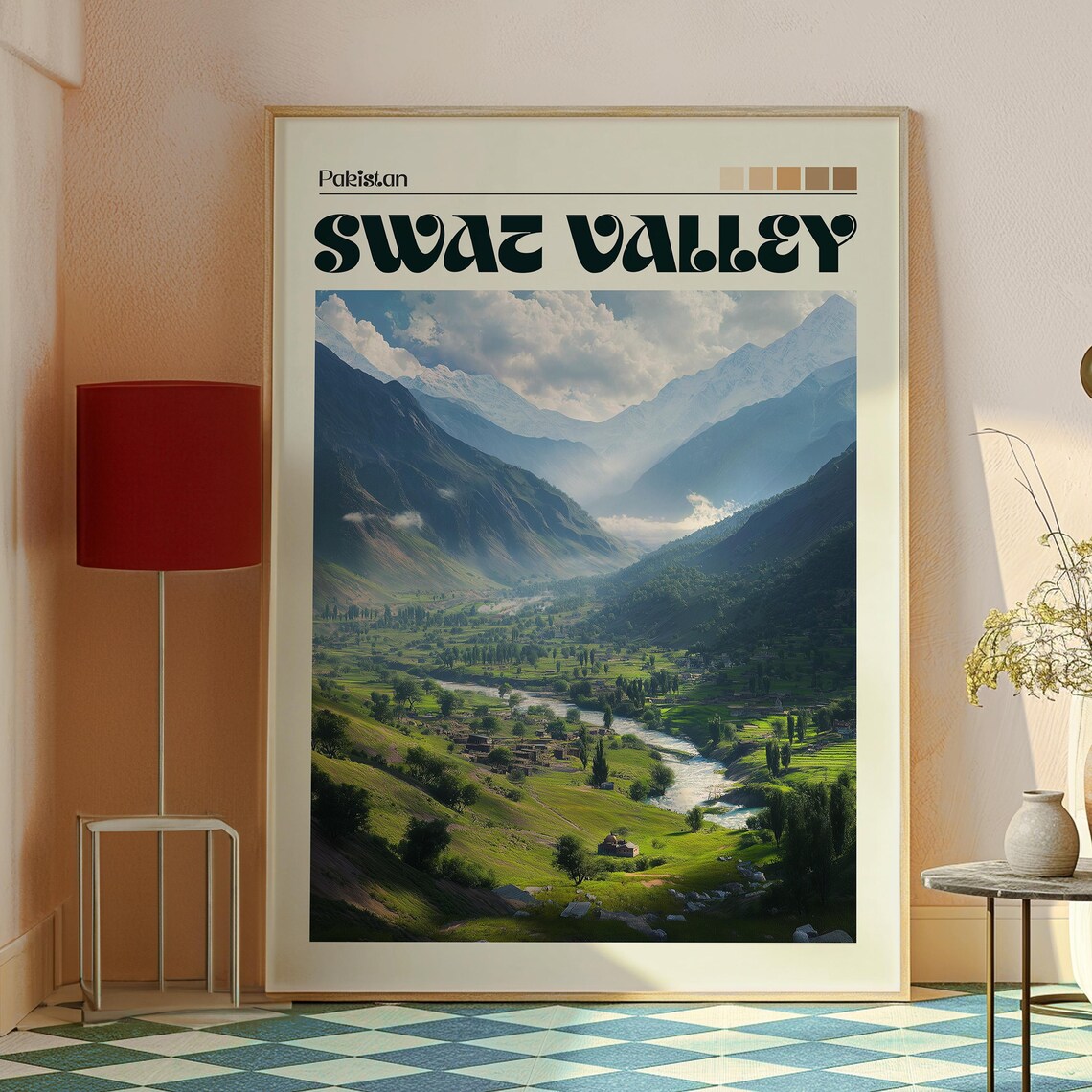 Swat Valley Pakistan Lush Green Valley River Snowy Peaks Travel Poster - Image 2