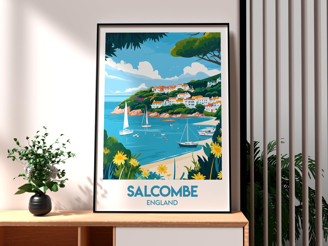 Salcombe England Sailing Bay Beach Village Retro Travel Poster