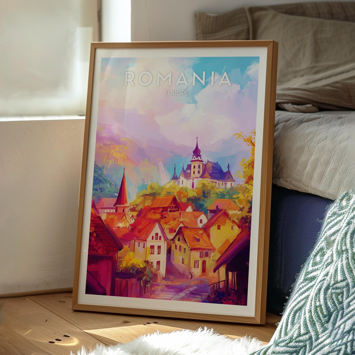 Romania Europe Medieval Old Town Churches Colorful Art Poster - Image 3
