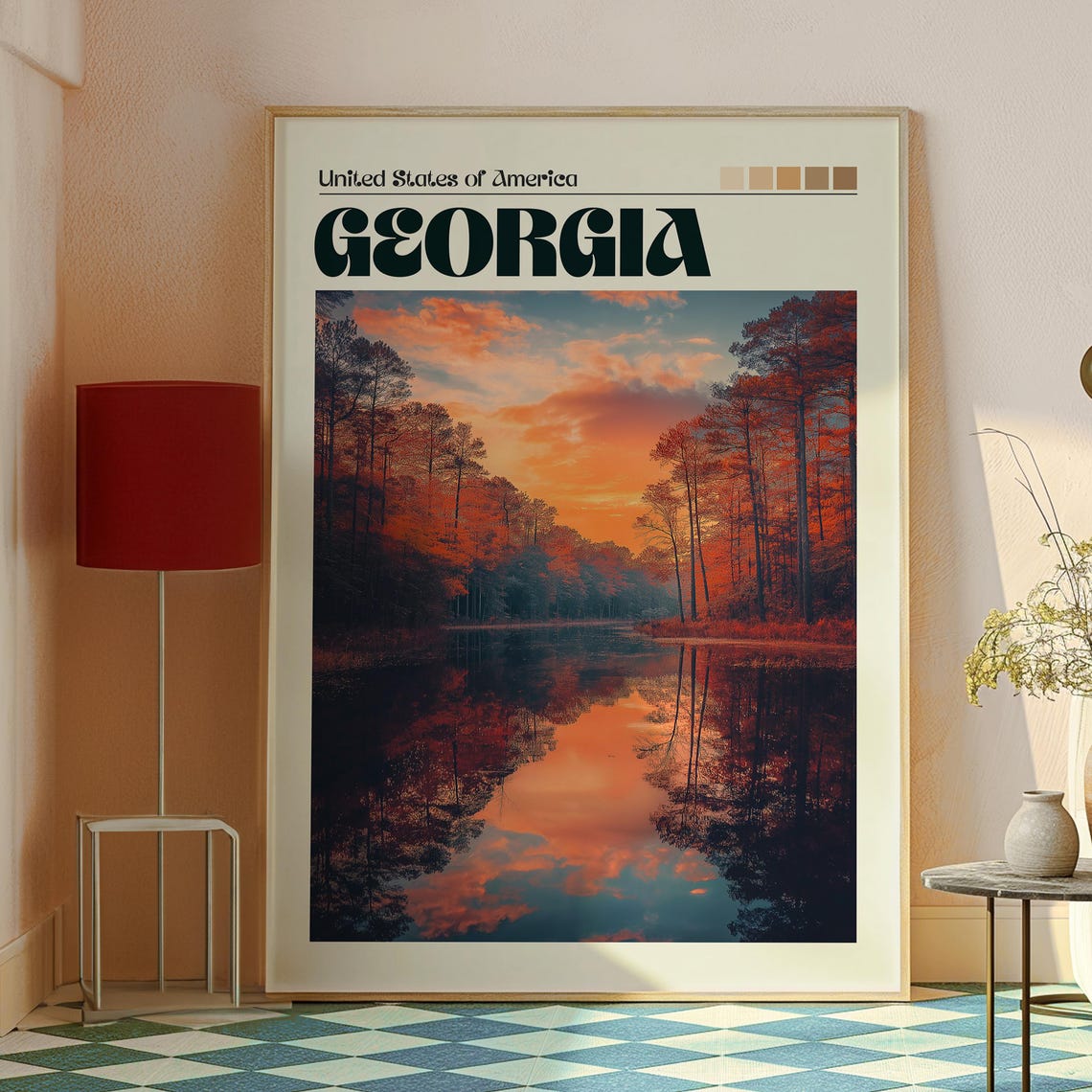 Georgia USA Pine Forest River Fiery Sunset Reflection Poster - Image 2