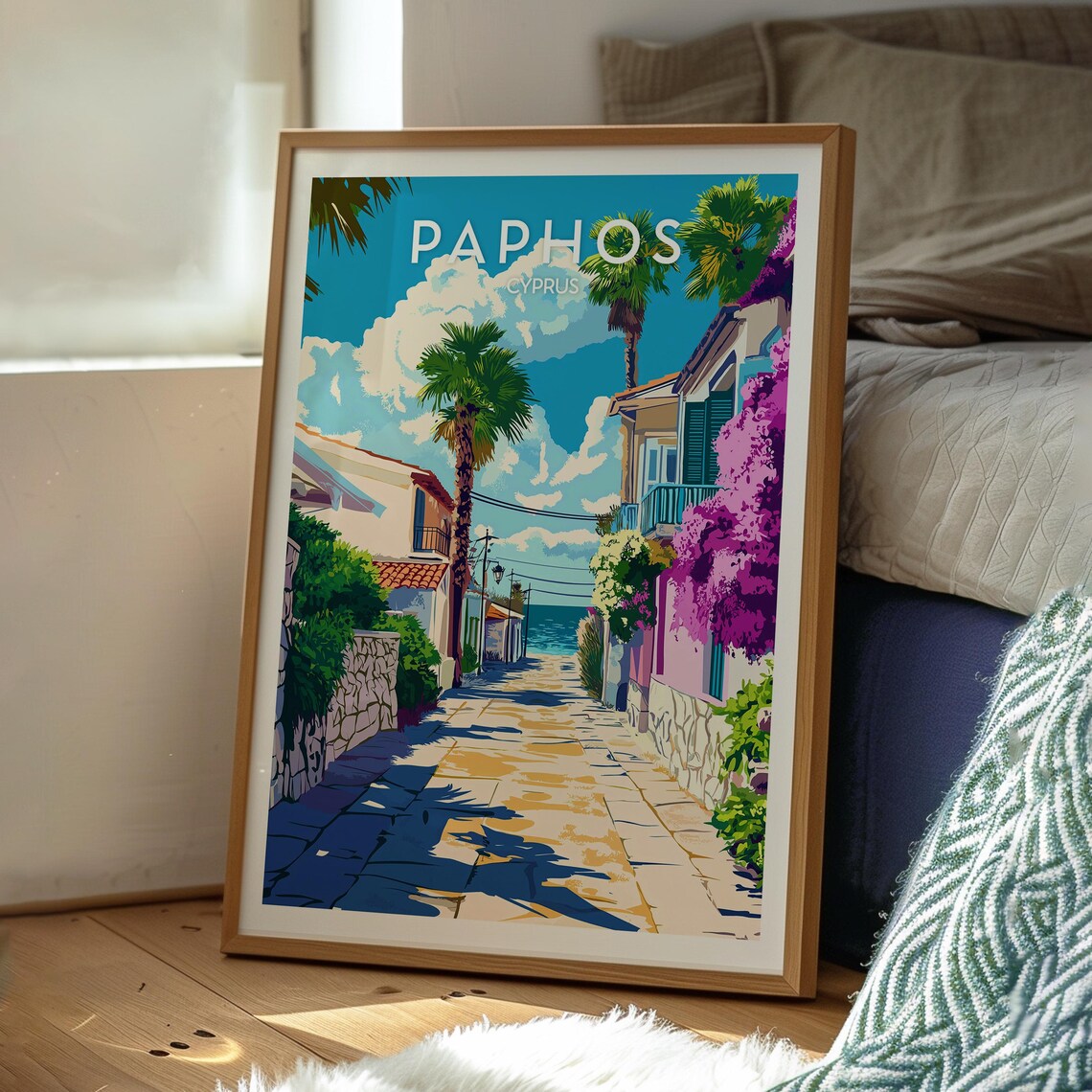 Paphos Cyprus Sunlit Street Palms Bougainvillea Sea View Travel Poster - Image 3