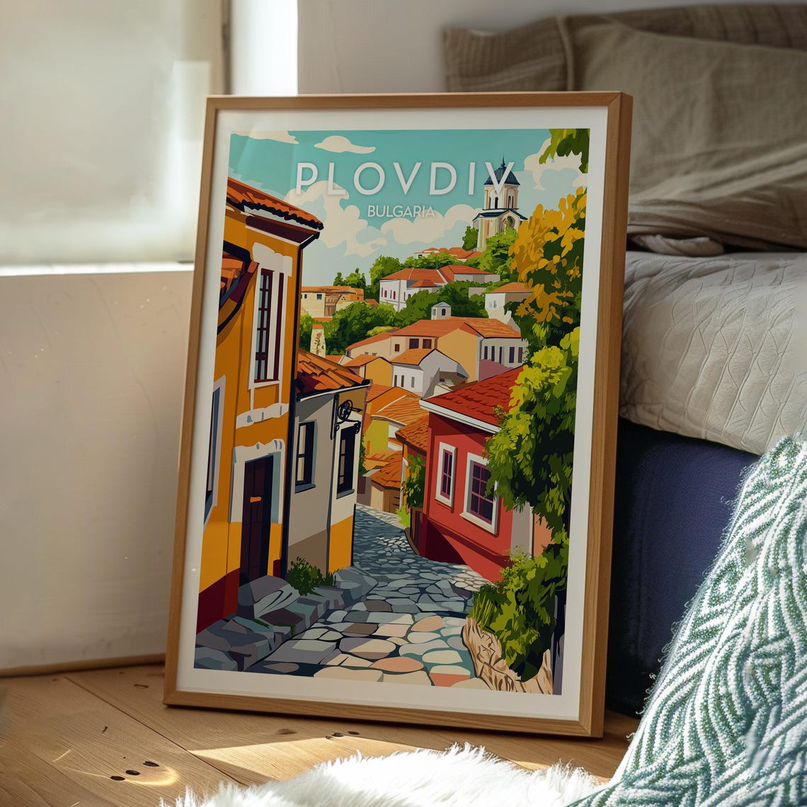 Plovdiv Bulgaria Cobblestone Old Town Lane and Church Poster - Image 3