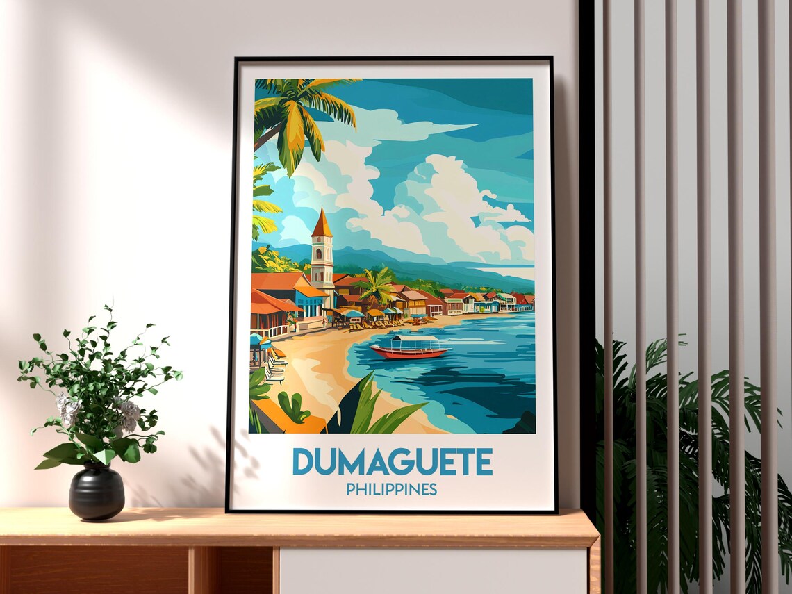 Dumaguete Philippines Beach Town Church Coastal Travel Poster