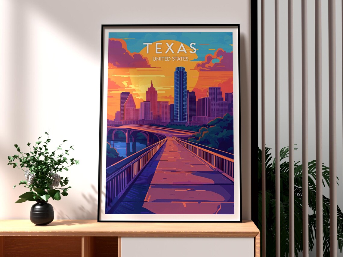 Texas United States Austin City Skyline Orange Sunset Travel Poster