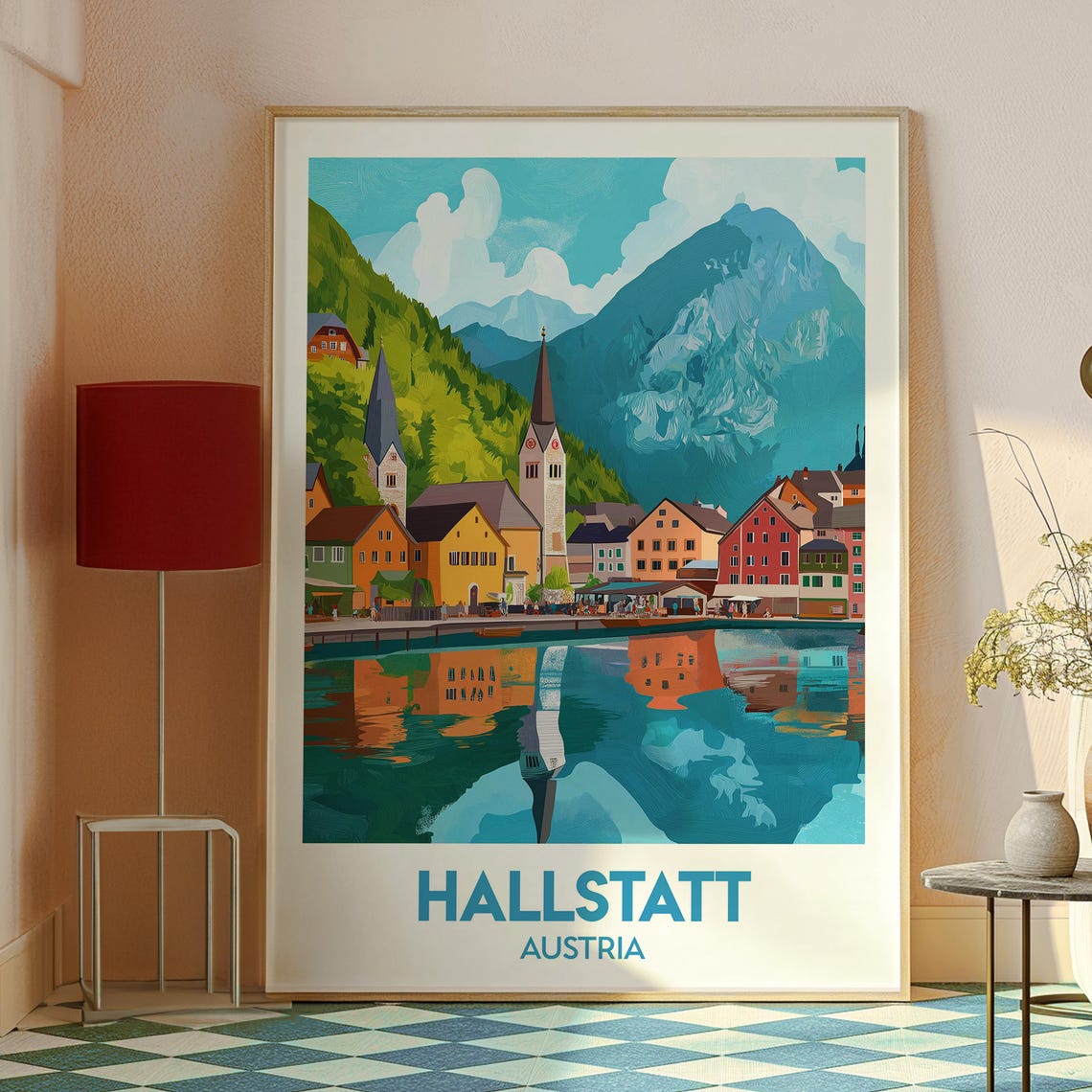 Hallstatt Austria Lakeside Village Mirror Reflection Art Poster - Image 2