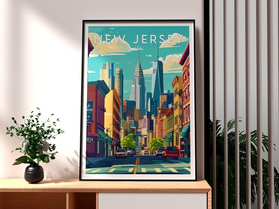 New Jersey USA Manhattan Skyline Street Cityscape Travel Poster