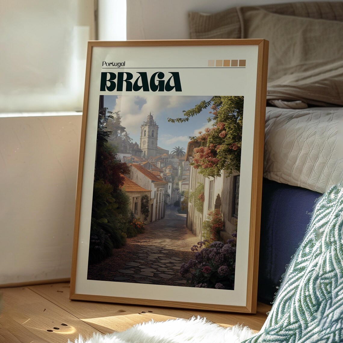 Braga Portugal Cobblestone Street Bell Tower Old Town Poster - Image 3