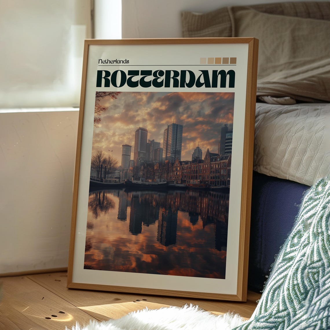 Rotterdam Netherlands Harbor Skyline Reflection Retro Travel Poster - Image 3