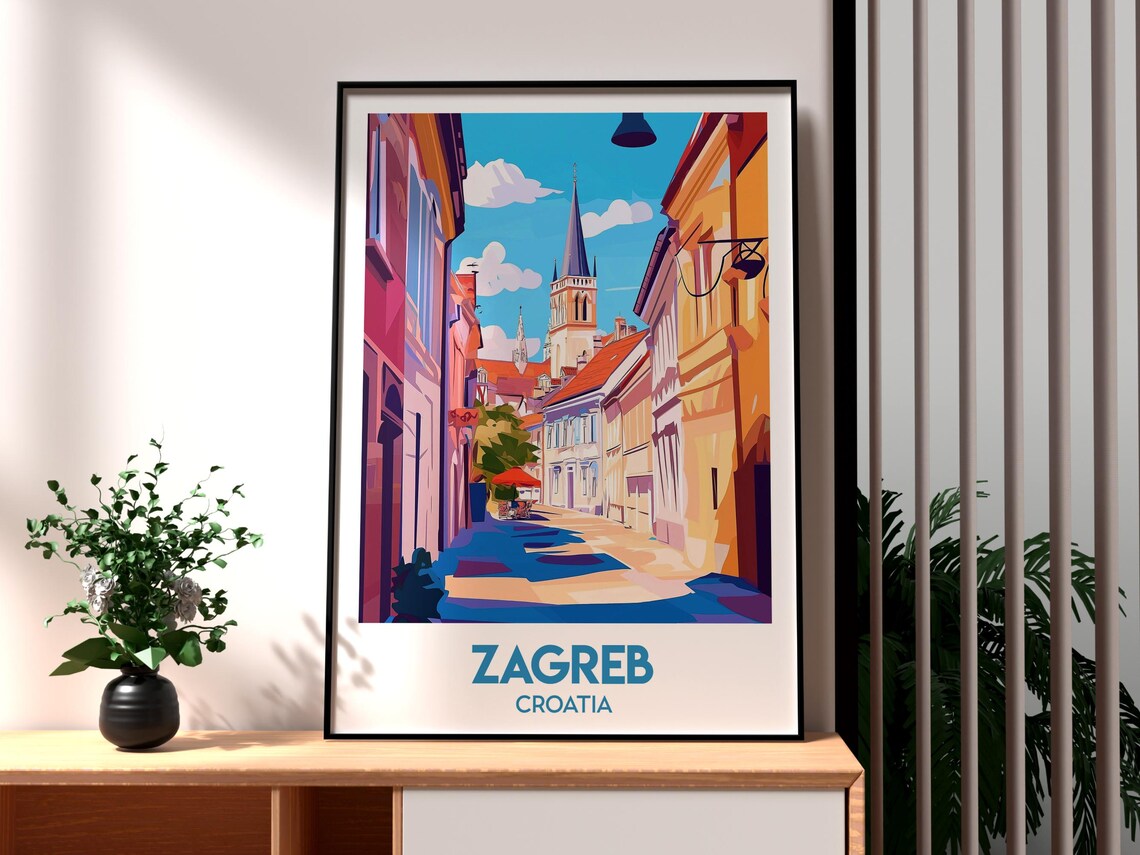 Zagreb Croatia Old Town Street Colorful Church Spire Travel Poster