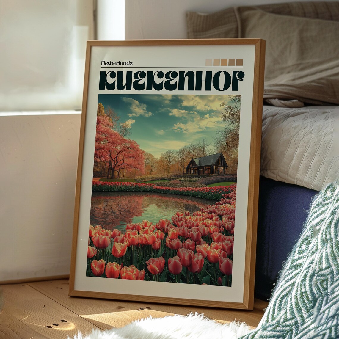 Keukenhof Netherlands Red Tulip Gardens Lake Sunset View Poster - Image 3