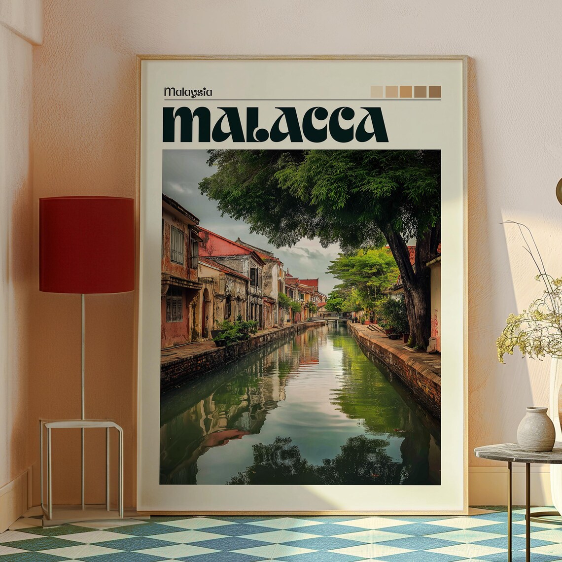 Malacca Malaysia Canal Reflections Old Shophouses Green Tree Travel Poster - Image 2