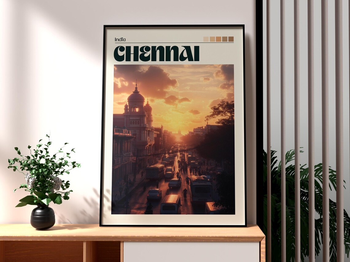 Chennai India Sunset City Street Domed Building Travel Poster