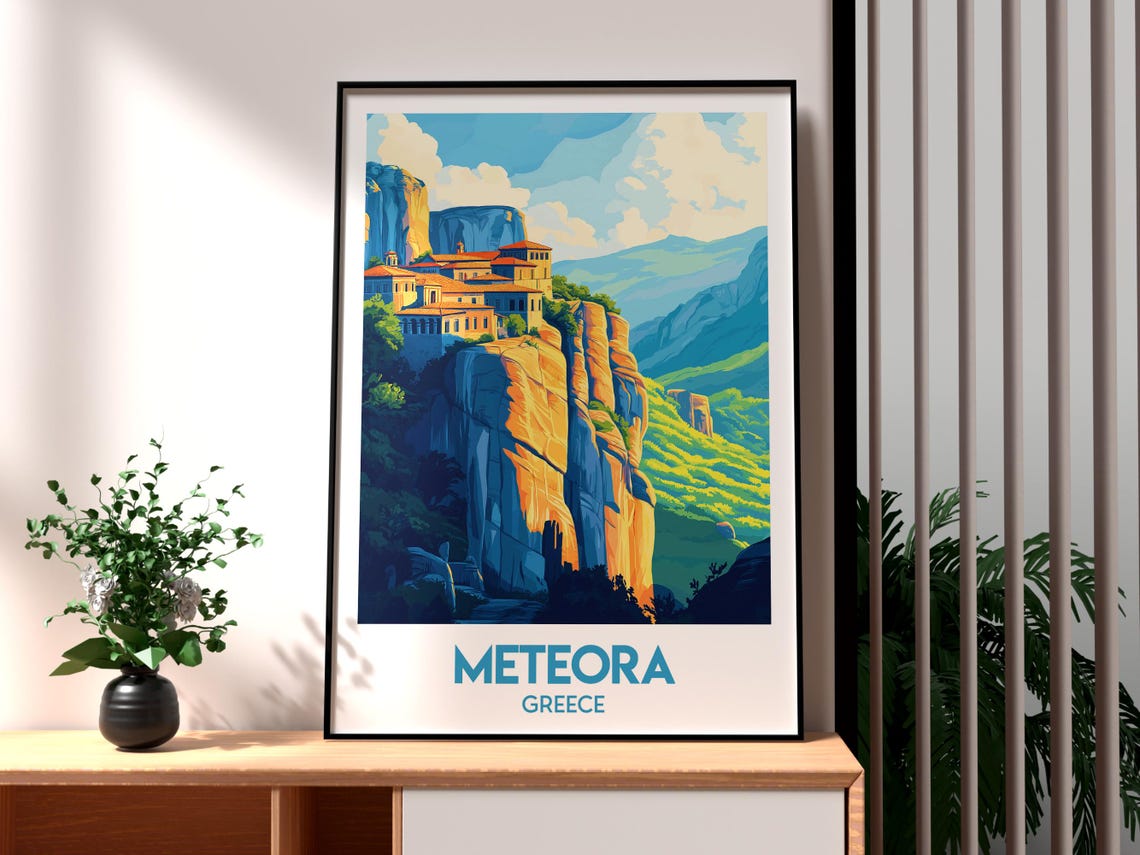 Meteora Greece Monastery Atop Towering Rock Pillar Sunset Poster