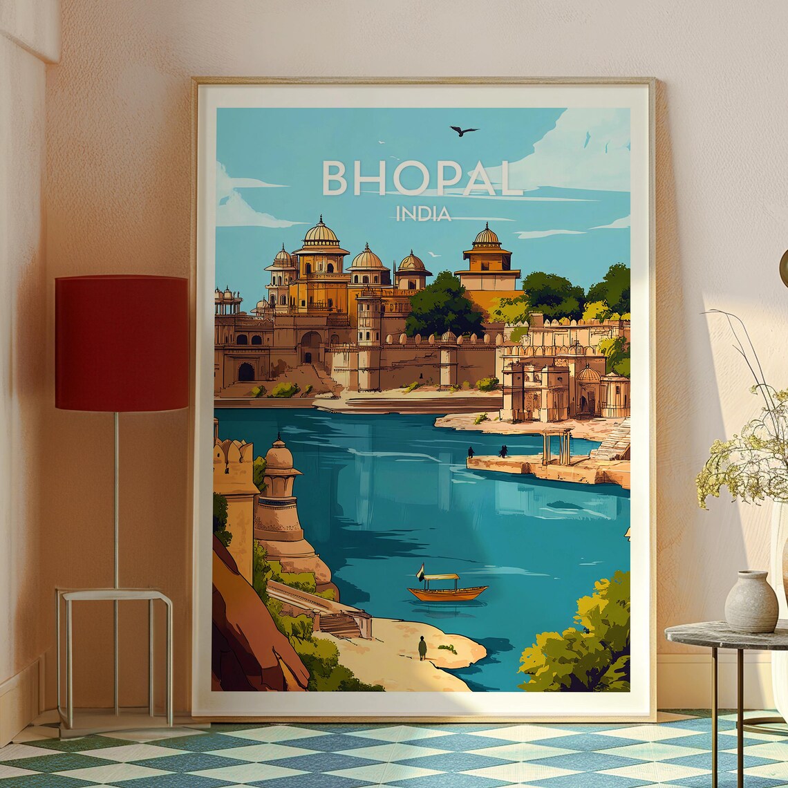 Bhopal India Lakeside Palace Royal Domes Serene Boat Travel Poster - Image 2