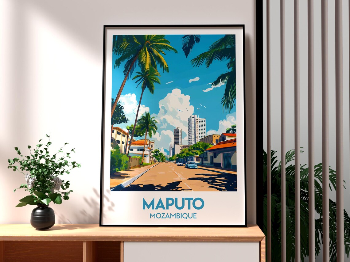 Maputo Mozambique Palm Avenue Sunlit Street Retro Travel Poster