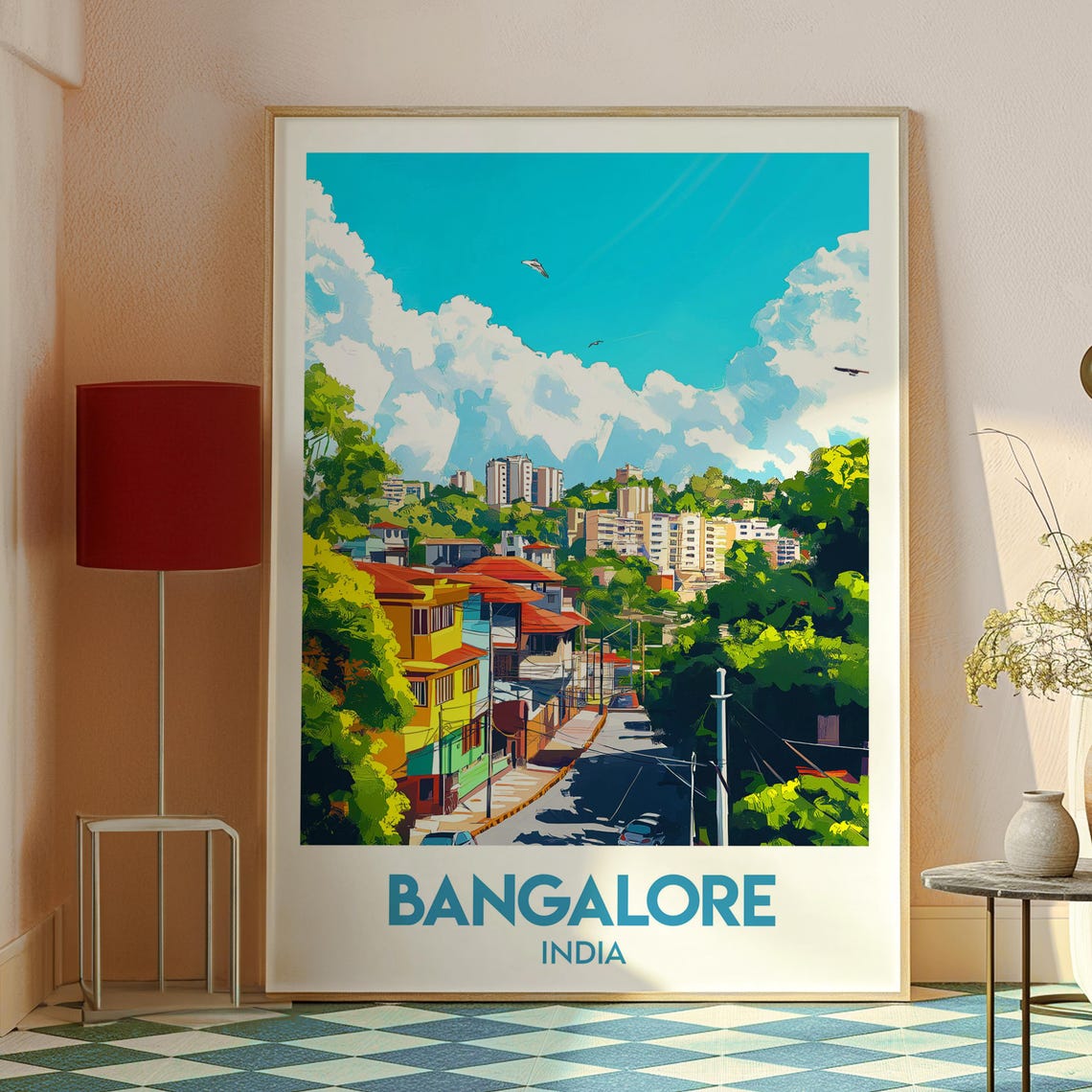 Bangalore India Vintage Travel Artwork Skyline Blue Sky City Poster - Image 2