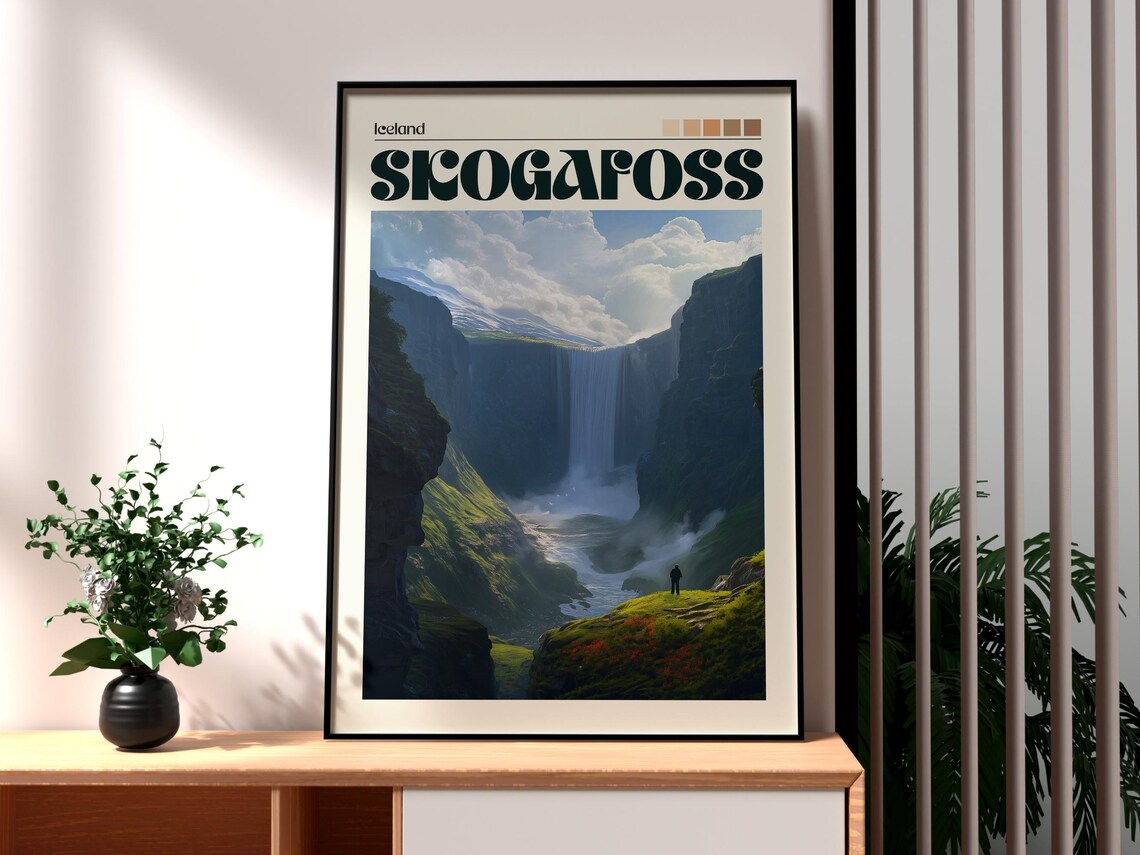 Skogafoss Iceland Waterfall Cliff Gorge Mist Nature View Art Poster