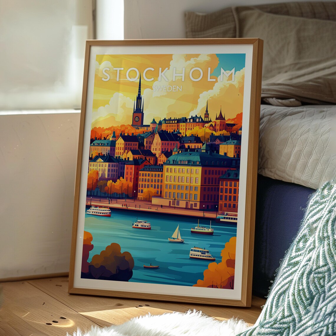 Stockholm Sweden Golden Autumn Old Town Waterfront Boats Poster - Image 3