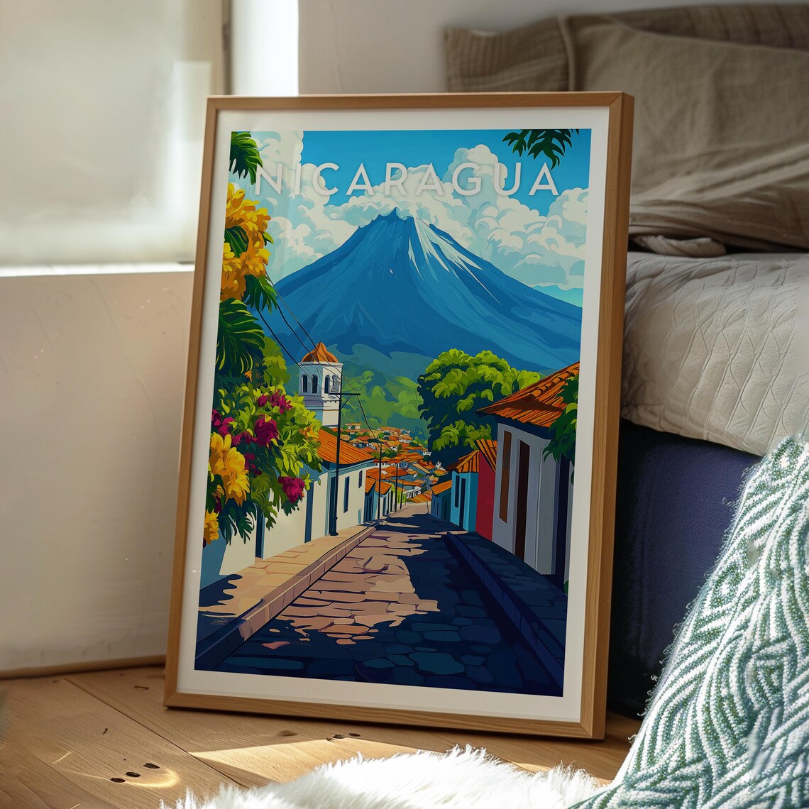 Nicaragua Colonial Street Volcano Tropical Town Travel Poster - Image 3
