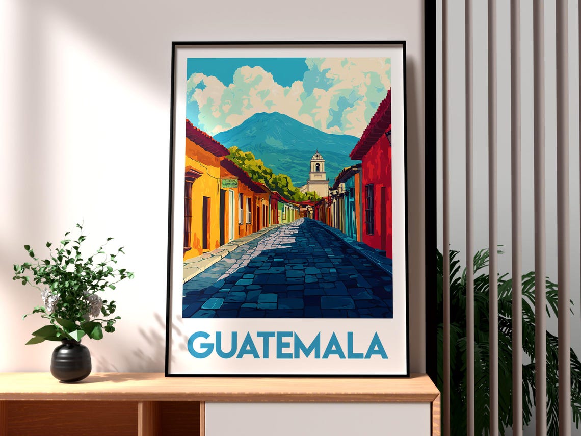 Guatemala Lake Atitlan Travel Poster, Volcano Landscape