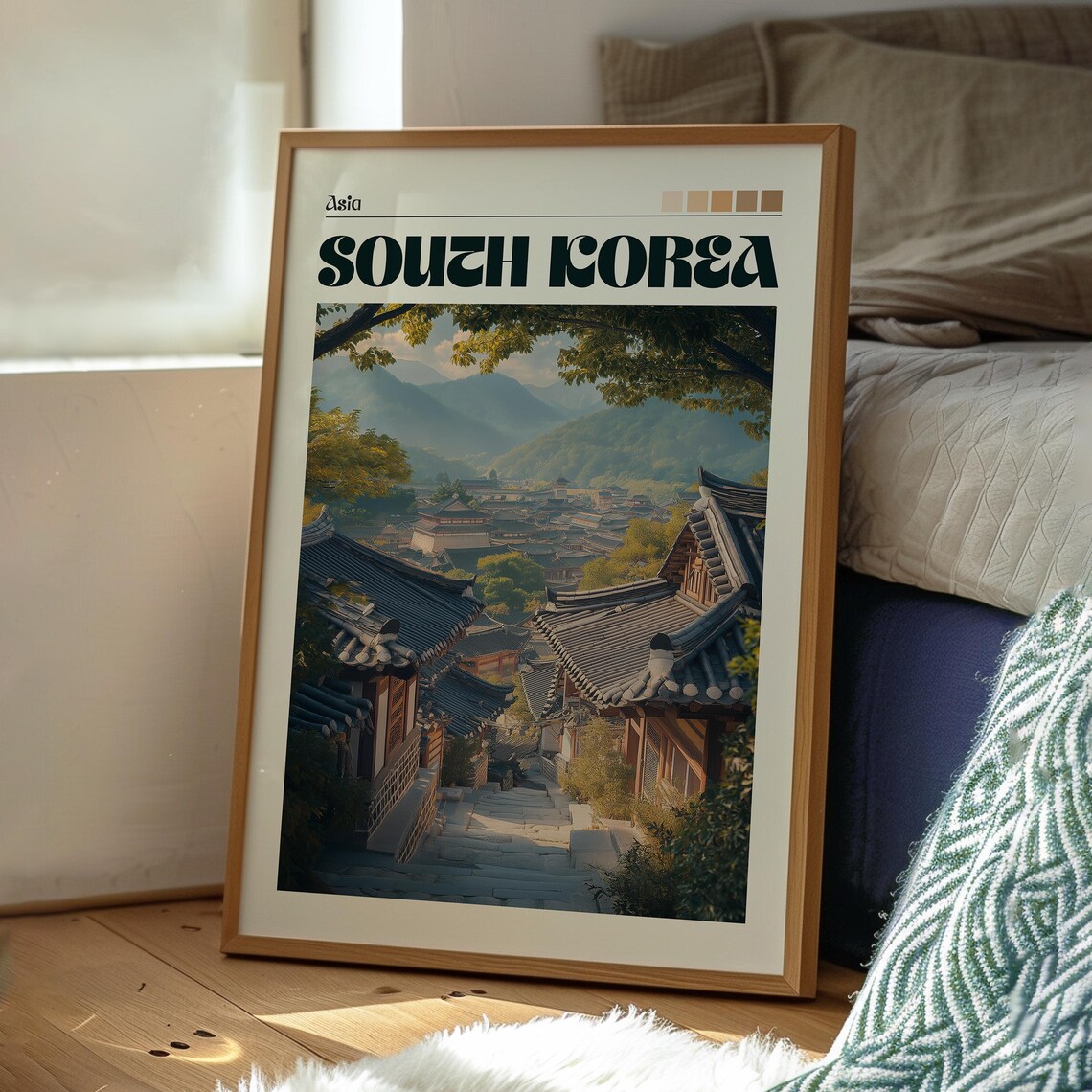 South Korea Asia Traditional Hanok Village Mountain Vista Poster - Image 3