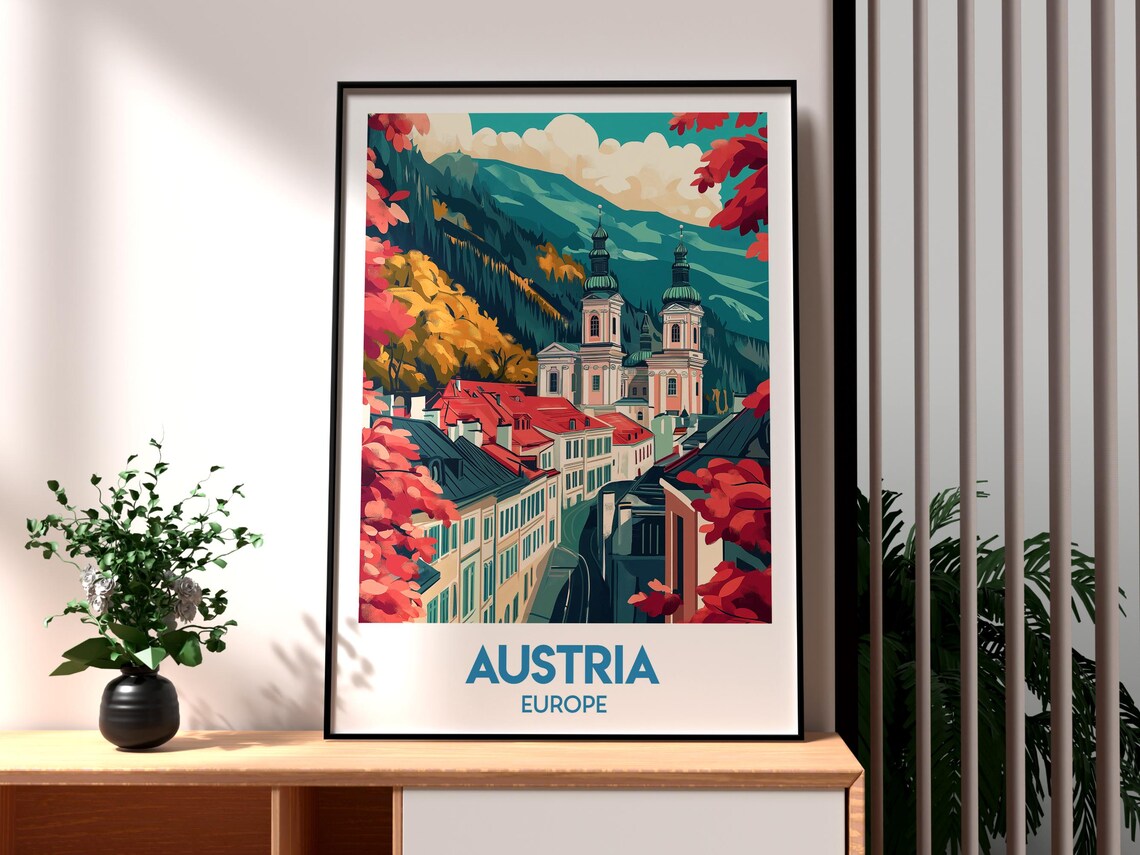 Austria Alpine Town Church Towers Mountain View Travel Poster