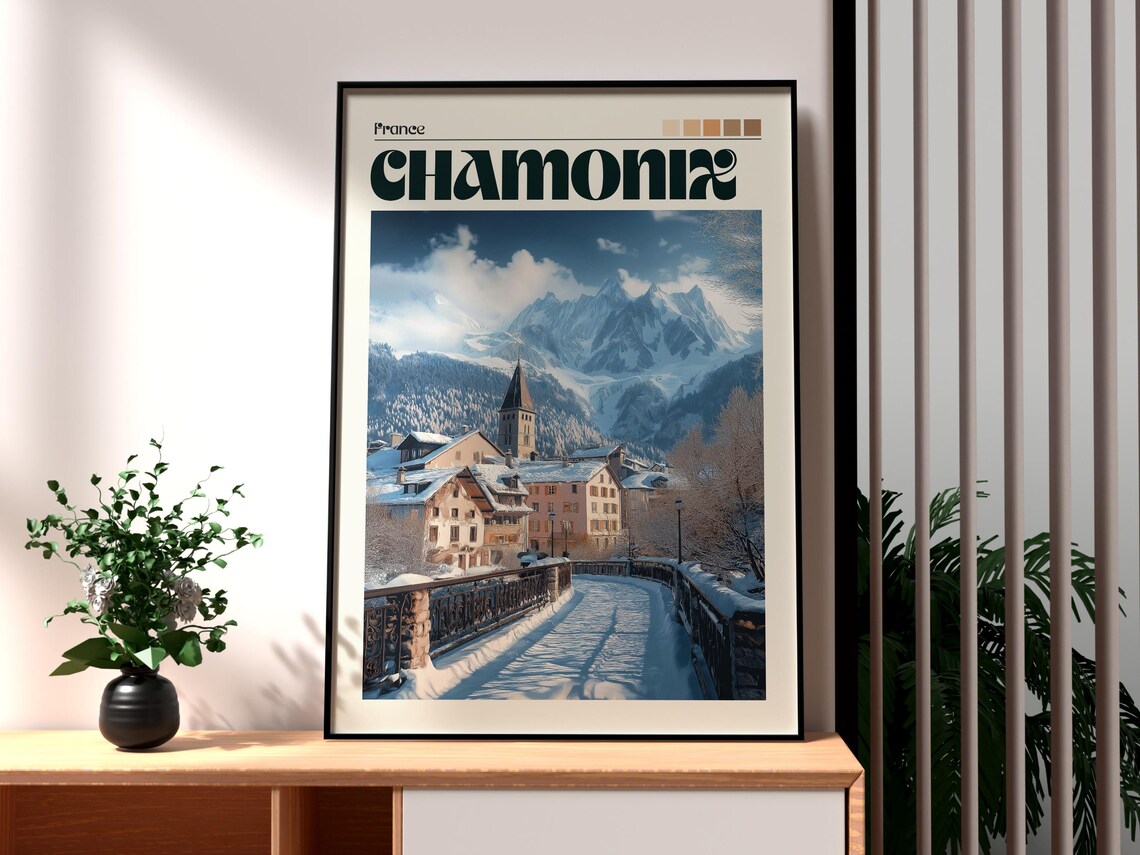 Chamonix France Snowy Alpine Village Winter Wonderland Travel Poster