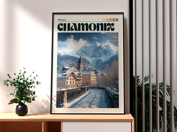 Chamonix France Snowy Alpine Village Winter Wonderland Travel Poster