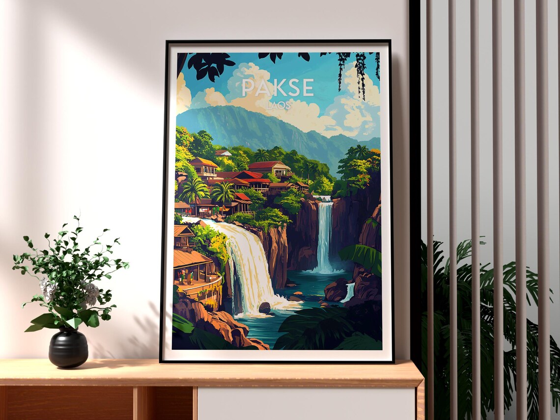 Pakse Laos Waterfall Jungle Town Southern Laos Travel Poster