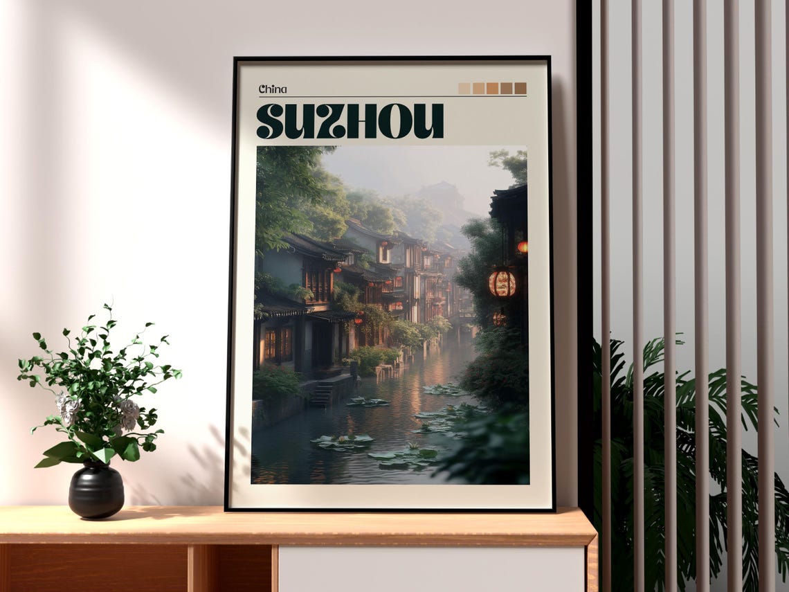 Suzhou China Ancient Canal Water Town Lanterns Lily Pads Travel Poster
