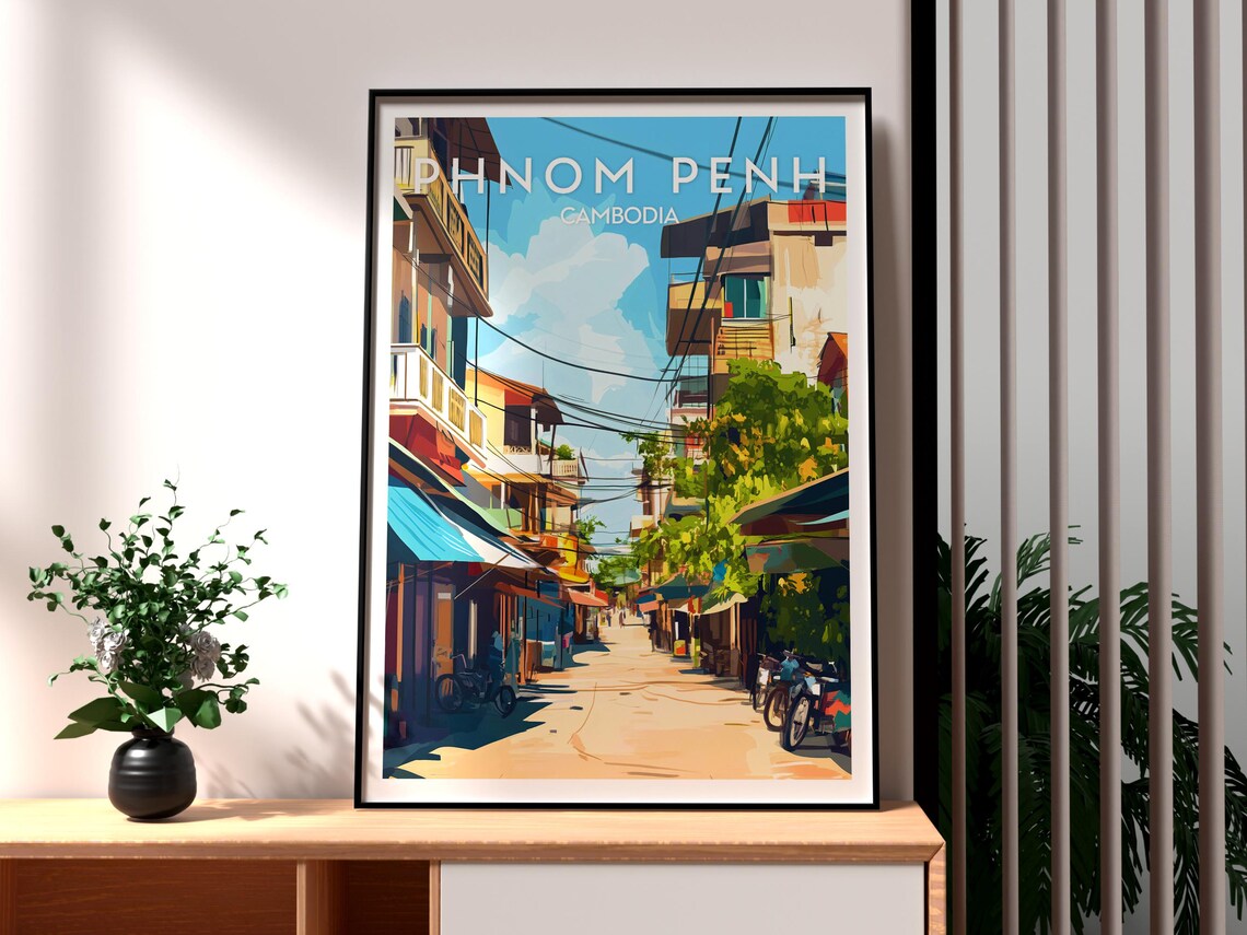 Phnom Penh Cambodia Old Street Shophouse Town Scene Travel Poster