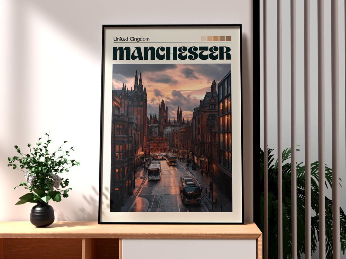 Manchester England City Street Tram Historic Architecture Poster