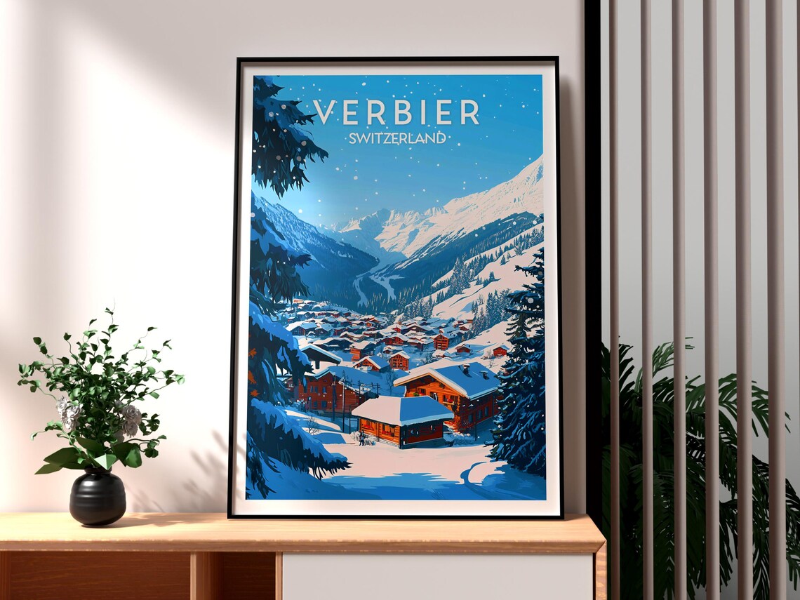 Verbier Switzerland Snowy Alpine Village Peaks Ski Resort Retro Poster - Image 3
