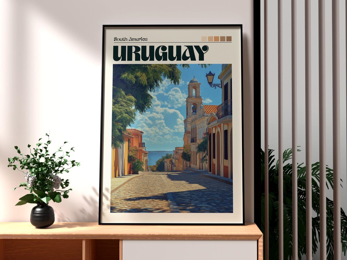 Uruguay Colonial Cobblestone Street Bell Tower Ocean View Art Poster