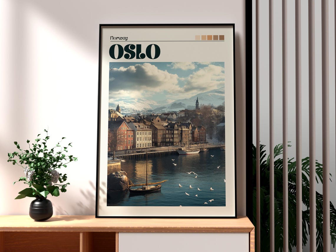 Oslo Norway Snowy Harbor Sailboat Seagulls Waterfront Travel Poster