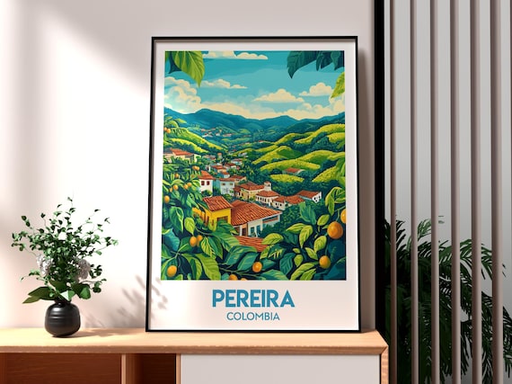 Pereira Colombia Green Hills Town Illustration Travel Art Poster