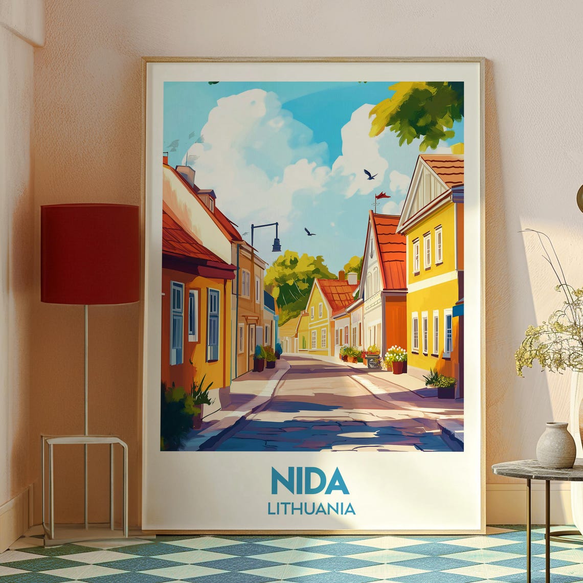 Nida Lithuania Charming Cobblestone Street Pastel Homes Travel Poster - Image 2