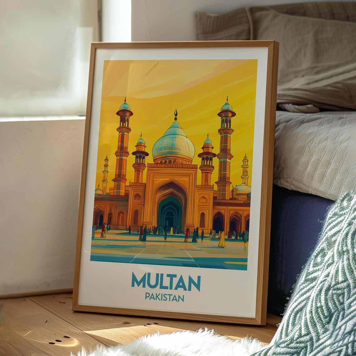 Multan Pakistan Grand Mosque Golden Sunset Retro Travel Poster - Image 3