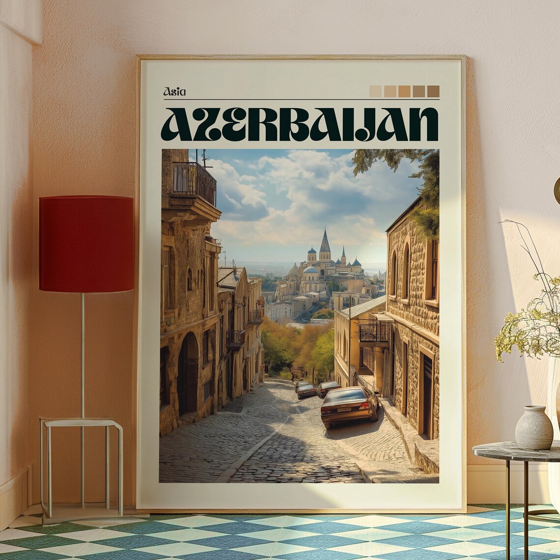 Azerbaijan Old Town Cobblestone Street Vintage Travel Poster - Image 2