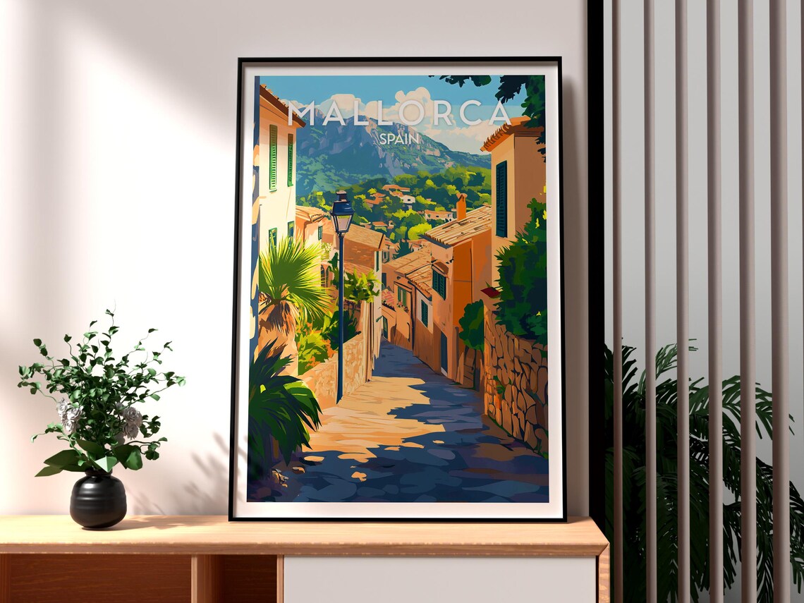 Mallorca Spain Old Town Mountain Lane Stone Street Travel Poster