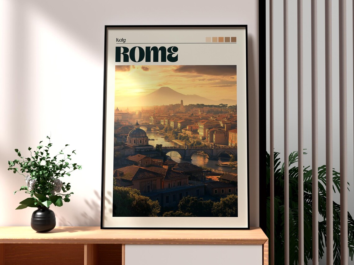 Rome Italy Sunset Cityscape River Bridges Domes Vintage Poster