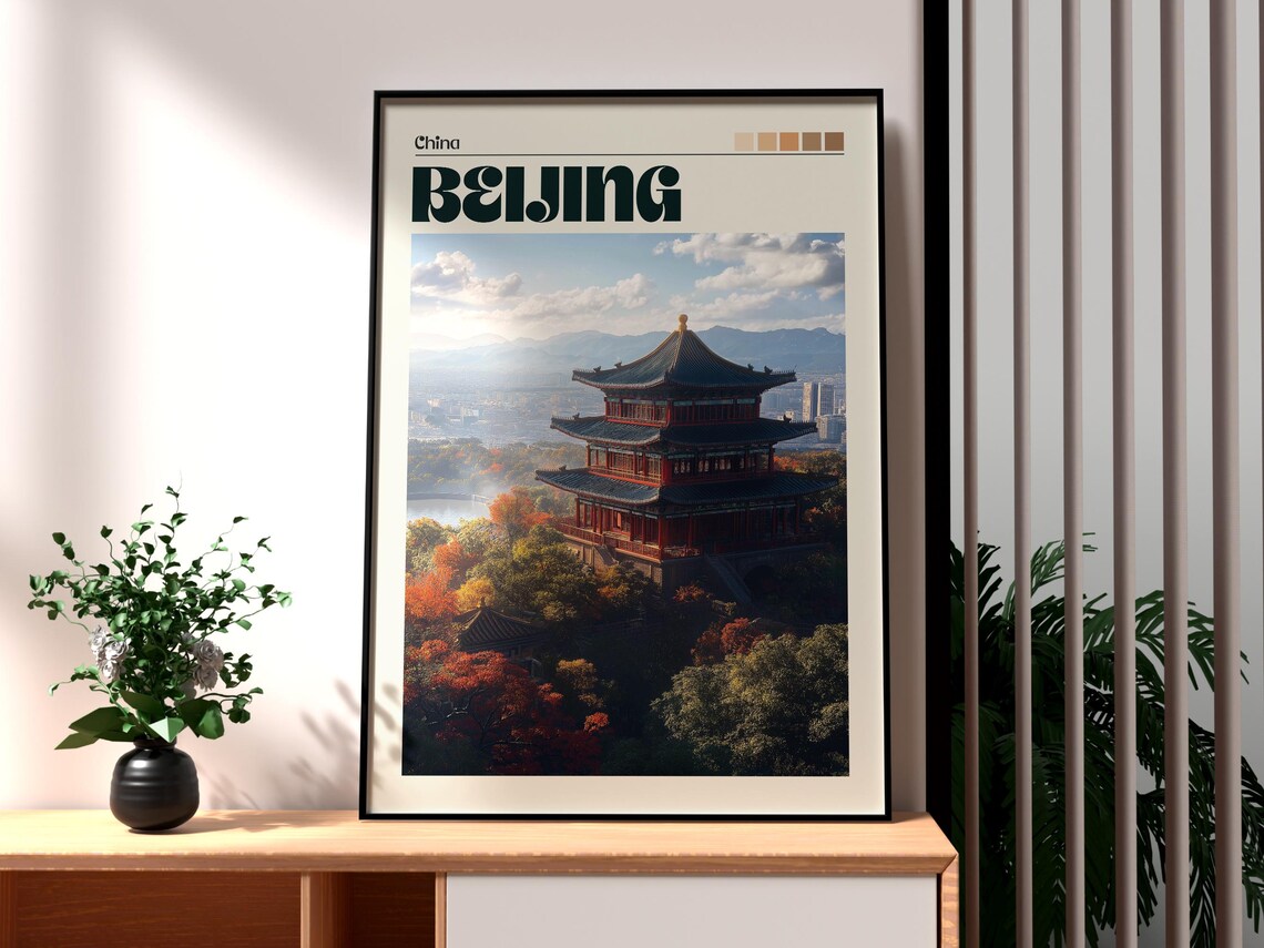 Beijing China Hilltop Temple Pagoda Autumn Skyline Travel Poster