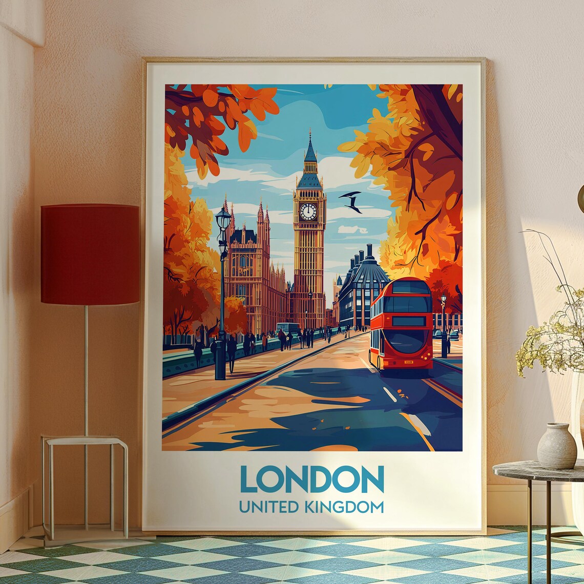 London Big Ben Red Bus Autumn Street City Landmark Travel Poster - Image 2