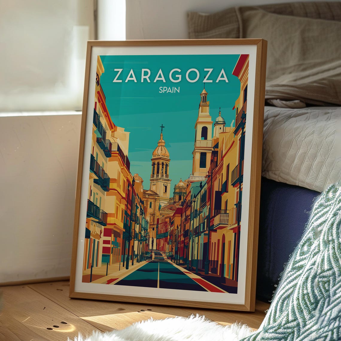 Zaragoza Spain Basilica Street Colorful Buildings Travel Poster - Image 3
