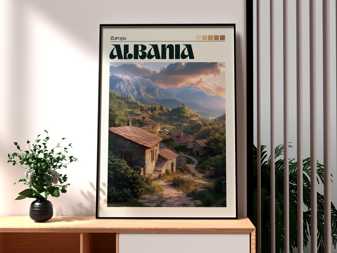 Albania Europe Mountain Village Stone Houses Sunset Travel Art Poster