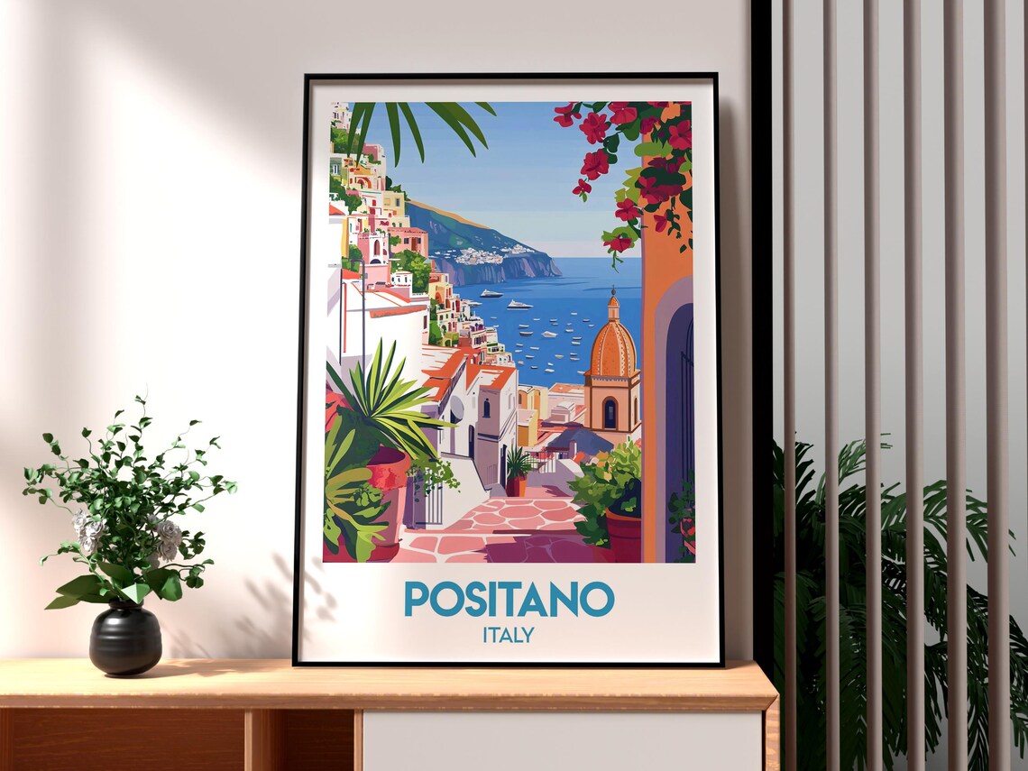 Positano Italy Retro Travel Poster Amalfi Coast Cliff Village Art