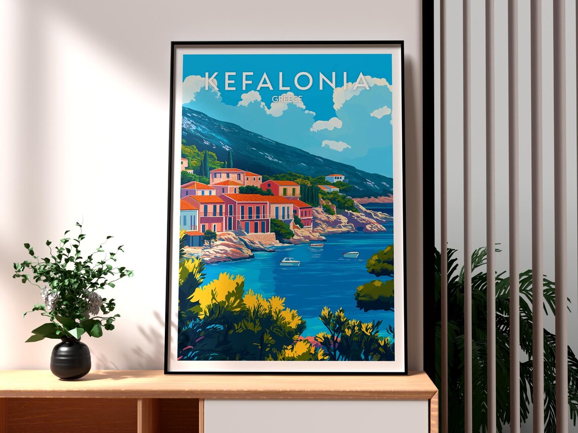 Kefalonia Greece Colorful Waterfront Village Ionian Sea View Poster