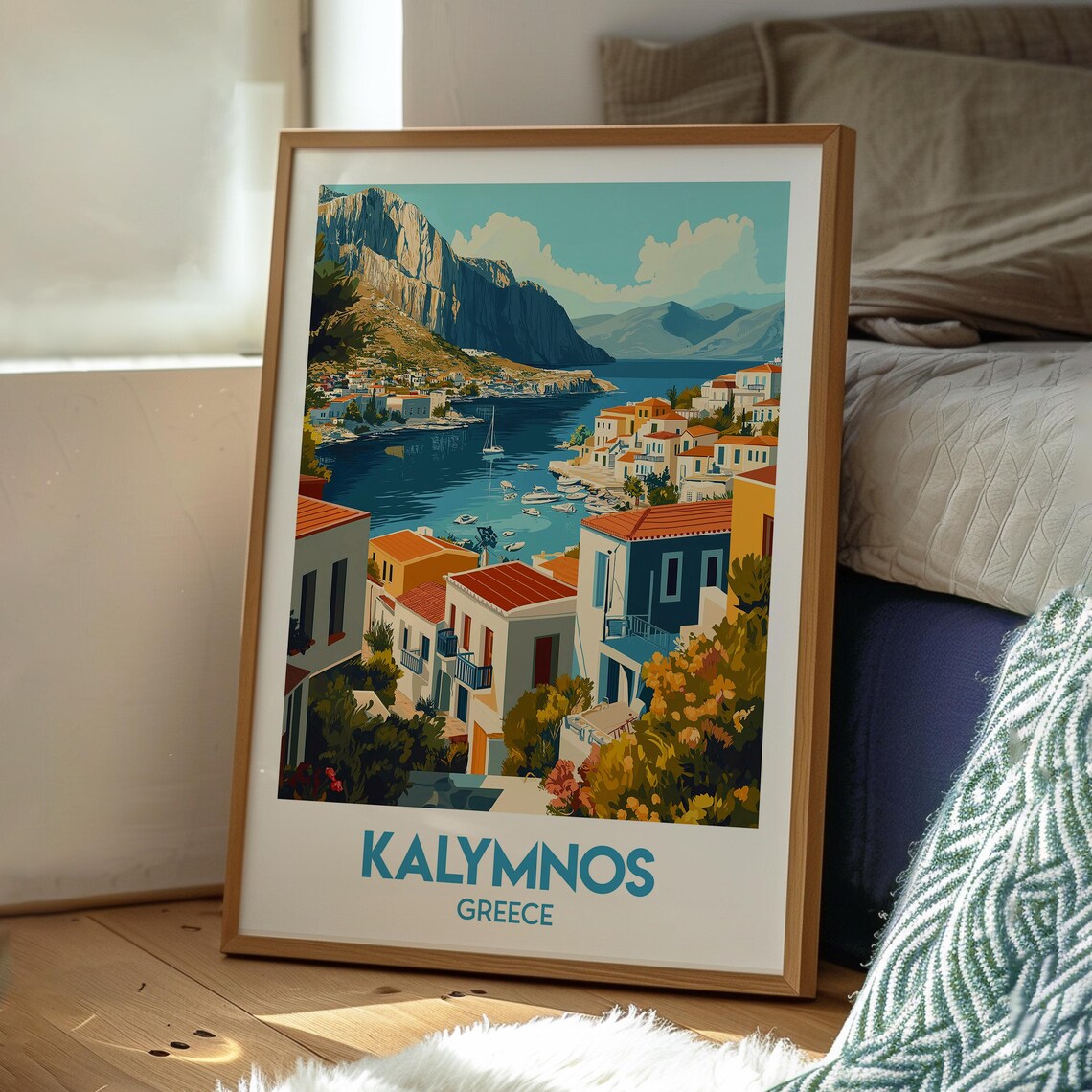 Kalymnos Greece Island Harbor Cliffside Village Sailboat Poster - Image 3